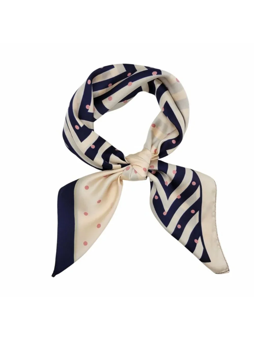 ⭐New Elegant Silky Satin Scarf Handkerchief blue Beige lines and dots Pattern